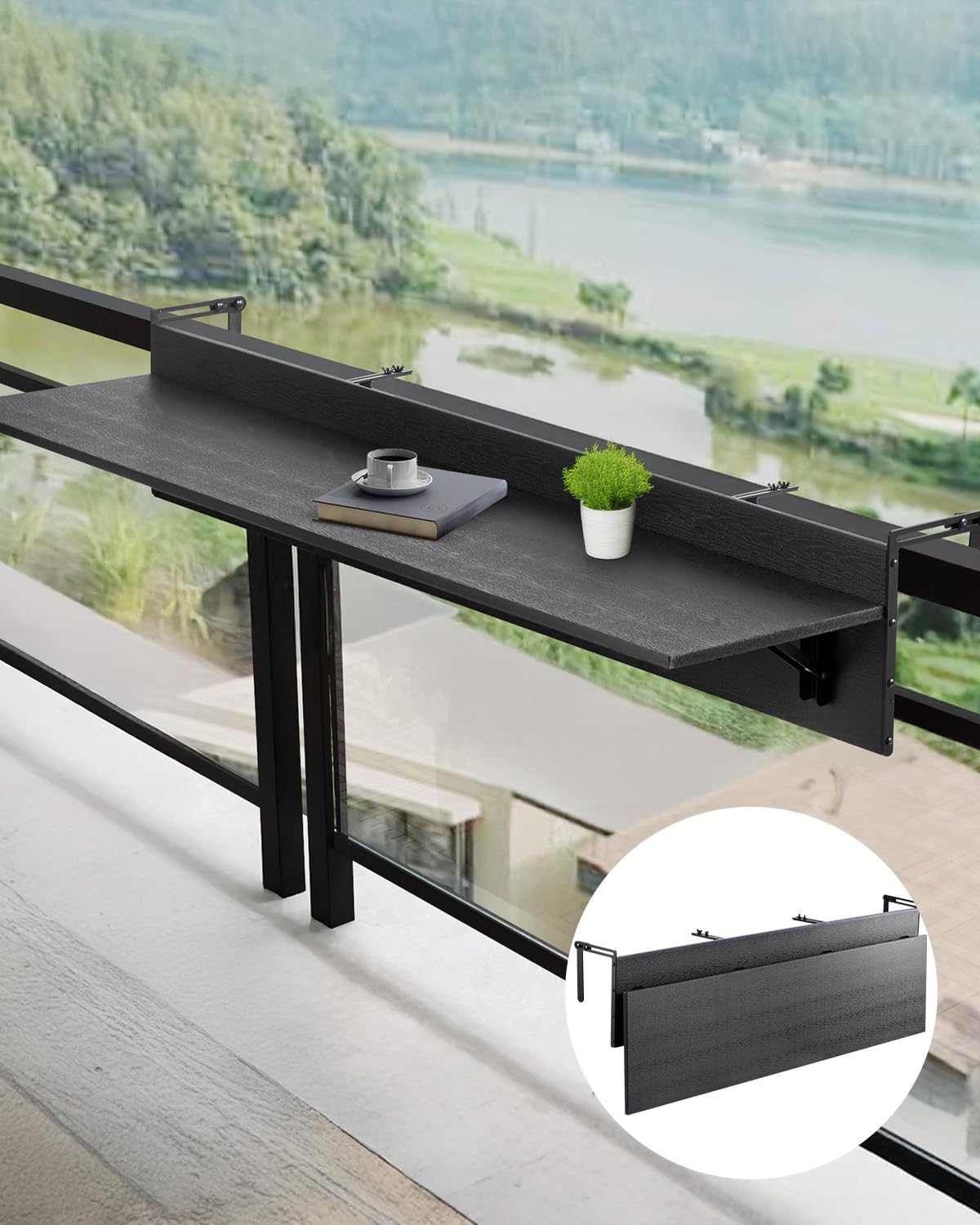 Photo 1 of VEVOR Balcony Hanging Table, 59 x 12 inch Folding Balcony Railing Table, Outdoor Balcony Bar Table for Railings, 50 lbs Loading, Fit Railing from 1" to 5.9", Serving Table for Patio & Deck