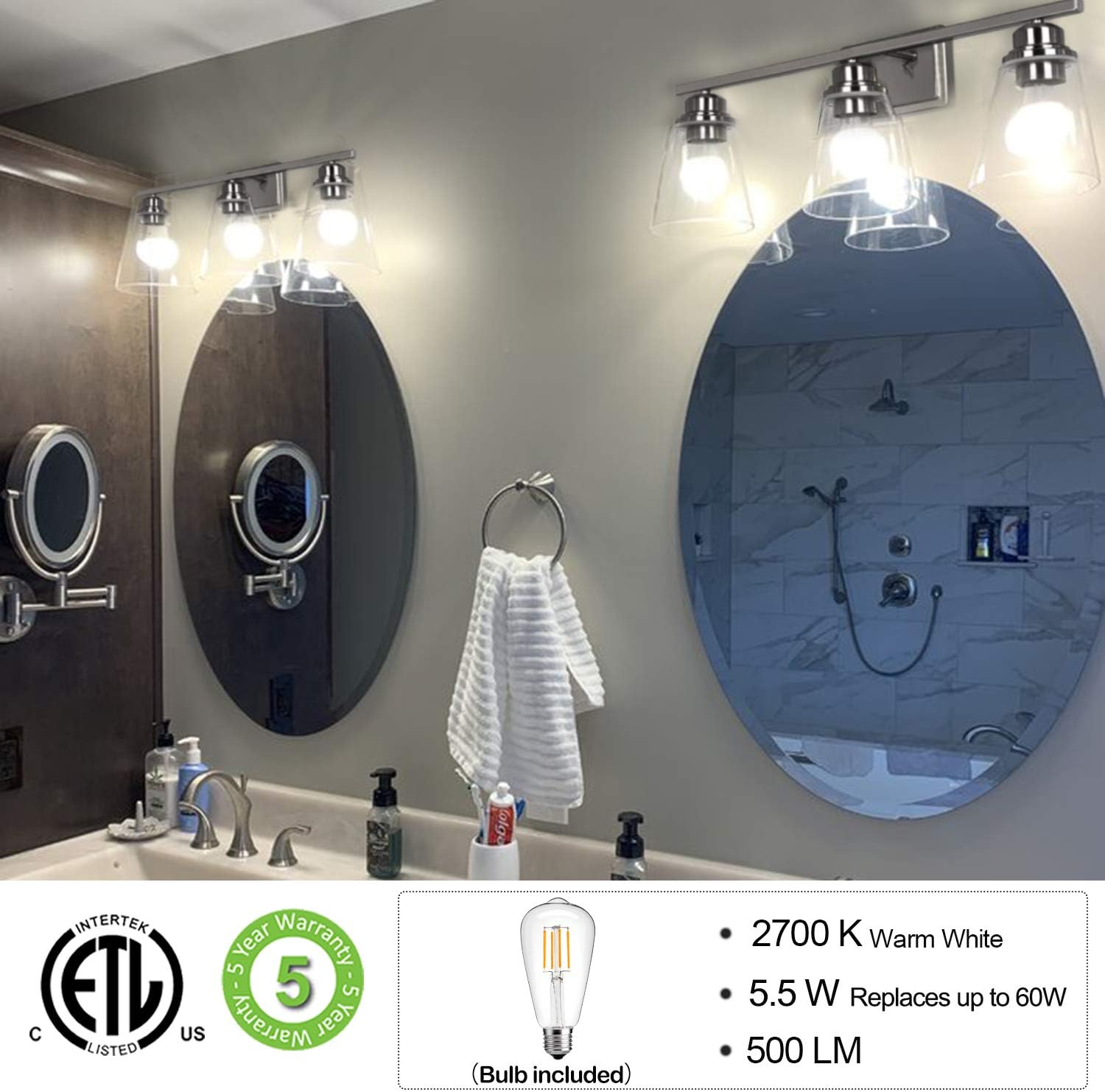 3-Light Bathroom Light, Led Edison Bulbs Included, Brushed Nickel Vanity Light Fixtures, Bathroom Wall Sconce Lighting with Clear Glass Shades, ETL Listed - - 