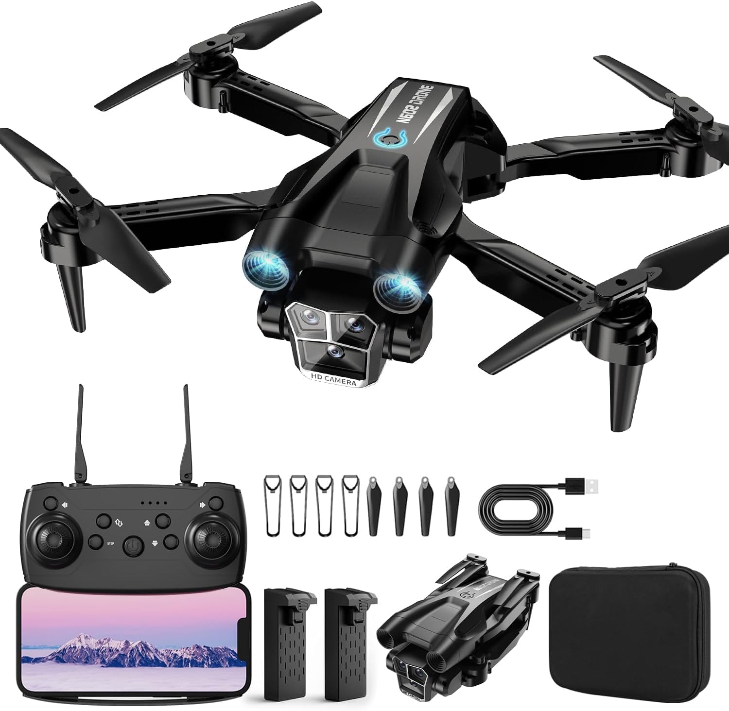 Photo 1 of Drone with Camera 1080P HD, Mini Drone for Beginners Kids Adults, RC Quadcopter with 2 Batteries, Carrying Case, Stable Hover, Trajectory Flight, Gravity Control, One Key Take Off/Land, Black