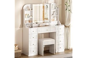 YYJ 42" Makeup Vanity Desk with Mirror and Lights, & Power Outl,Glass Top Big Vanity Table with 9 Drawers& 8 Storage Shelves,Vanity Table Set with Chair for Bedroom,White,W