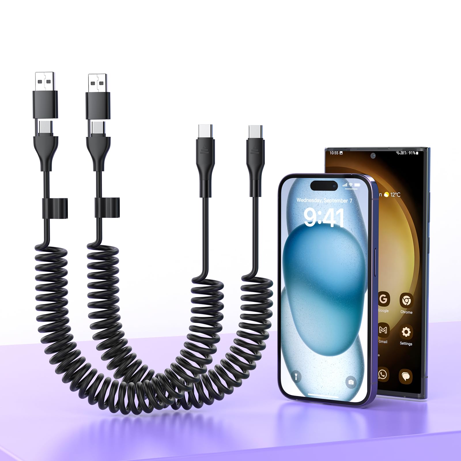 Photo 1 of 2 Pack CarPlay Multi Coiled 3-in-1 USBA/Type C to USB-C Short Car Cable Combo for Apple iPhone 16 15 Pro Max Plus,4FT Fast Charge &Data Sync Charger Cord for iPhone,iPad Pro,Samsung,Pixel,Android Auto