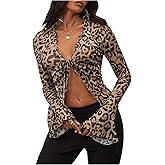 MakeMeChic Women's Leopard Print Tops Bell Sleeve Top Ruffled Tie Front Blouse Shirts