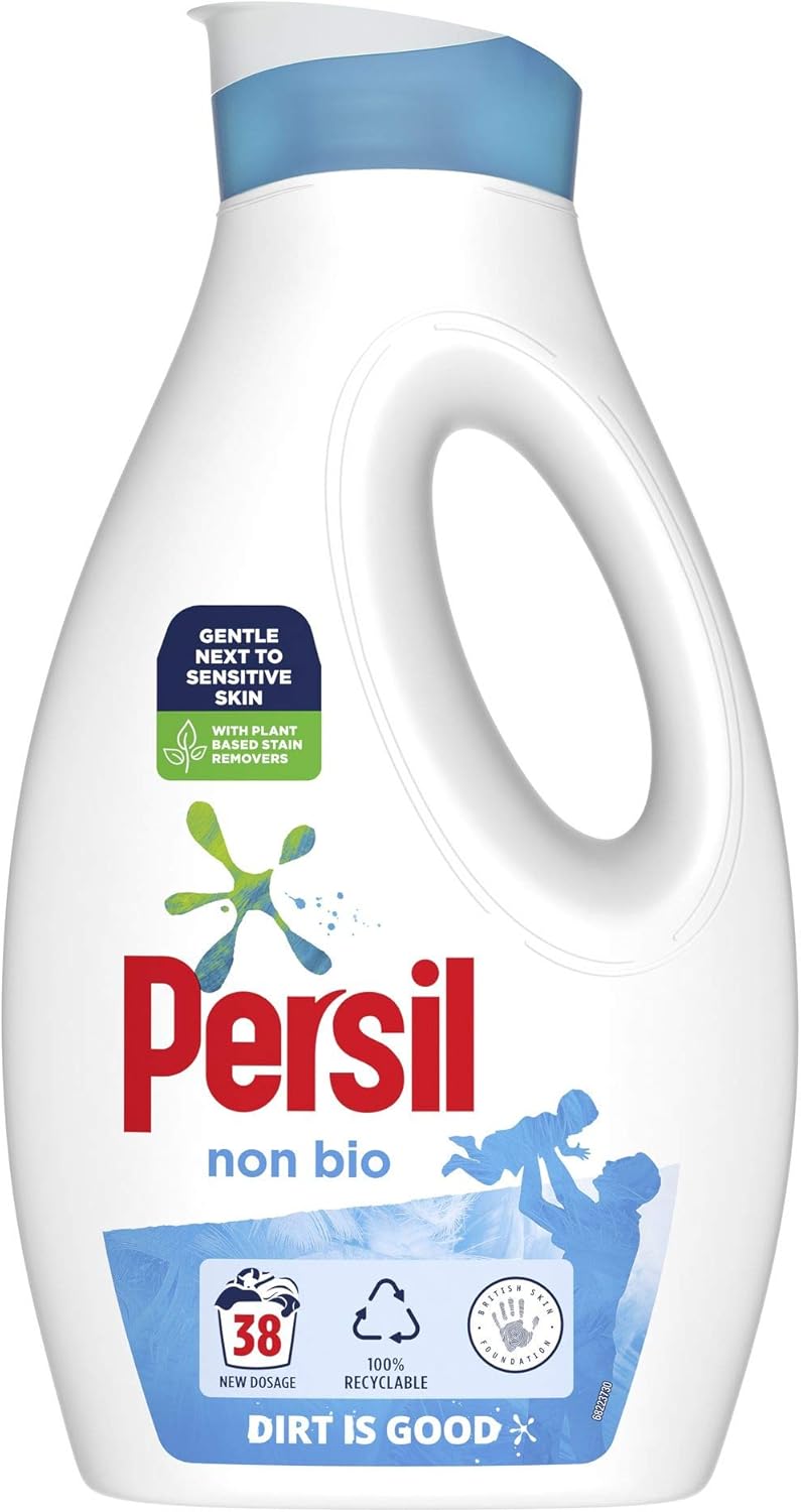 Persil Non Bio Laundry Washing Liquid Detergent 100% recyclable bottle tough on stains, gentle next to sensitive skin 38 wash 1.026 l