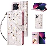 UEEBAI Wallet Case for iPhone 15, PU Leather Phone Case Kickstand RFID Blocking Flip Case Card Slots Wrist Strap Relief Engraved Pattern Magnetic Closure Flower Folio Case, Vine