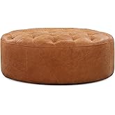 POLY & BARK Ascot Ottoman – 40" Round Pouf with Feather-Down Topper – Full-Grain Leather Upholstered Pouf Ottoman for Living 