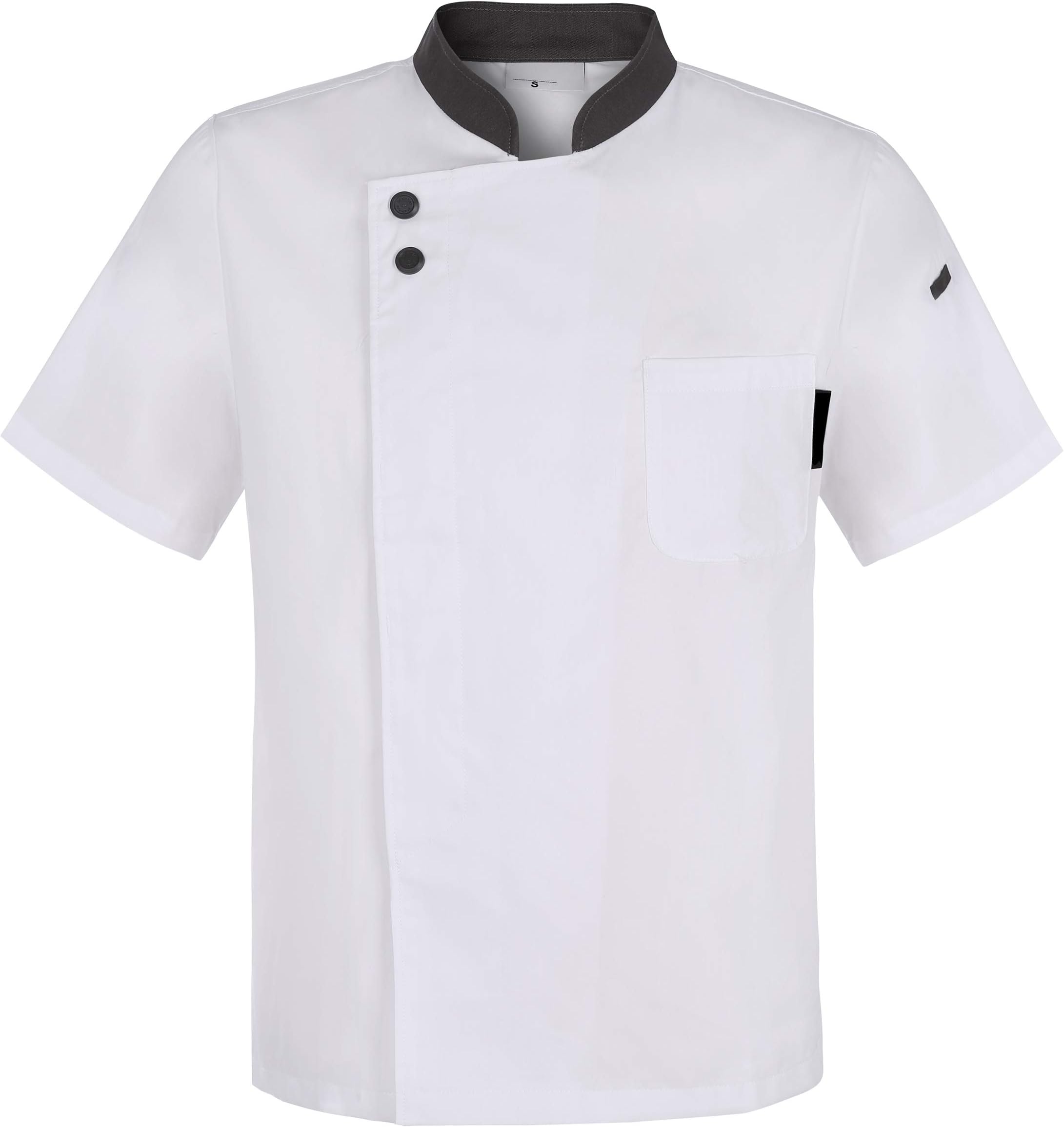 Chef Coat Jacket Uniform with Concealed Snap Front Placket Grey Collar Black and White