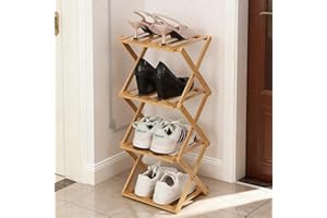 Fengzhizhu Bamboo Shoe Rack 4 Tier Foldable Shoe Rack Vertical Bamboo Shoe Organizer Free Standing Shelf for Entryway, Closet, Bedroom, Wood Color