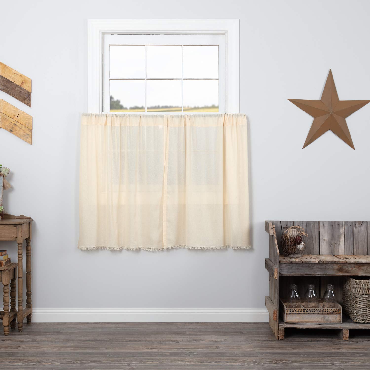 Photo 1 of VHC Brands Tobacco Cloth Fringed Antique White Farmhouse Rustic Curtains for Kitchen Bathroom Tier Set 36x36