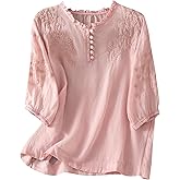 DOVWOER Women's Cotton Linen Embroidered Retro Henley Neck 3/4 Lantern Sleeve Tops Button Down Tunic Blouse