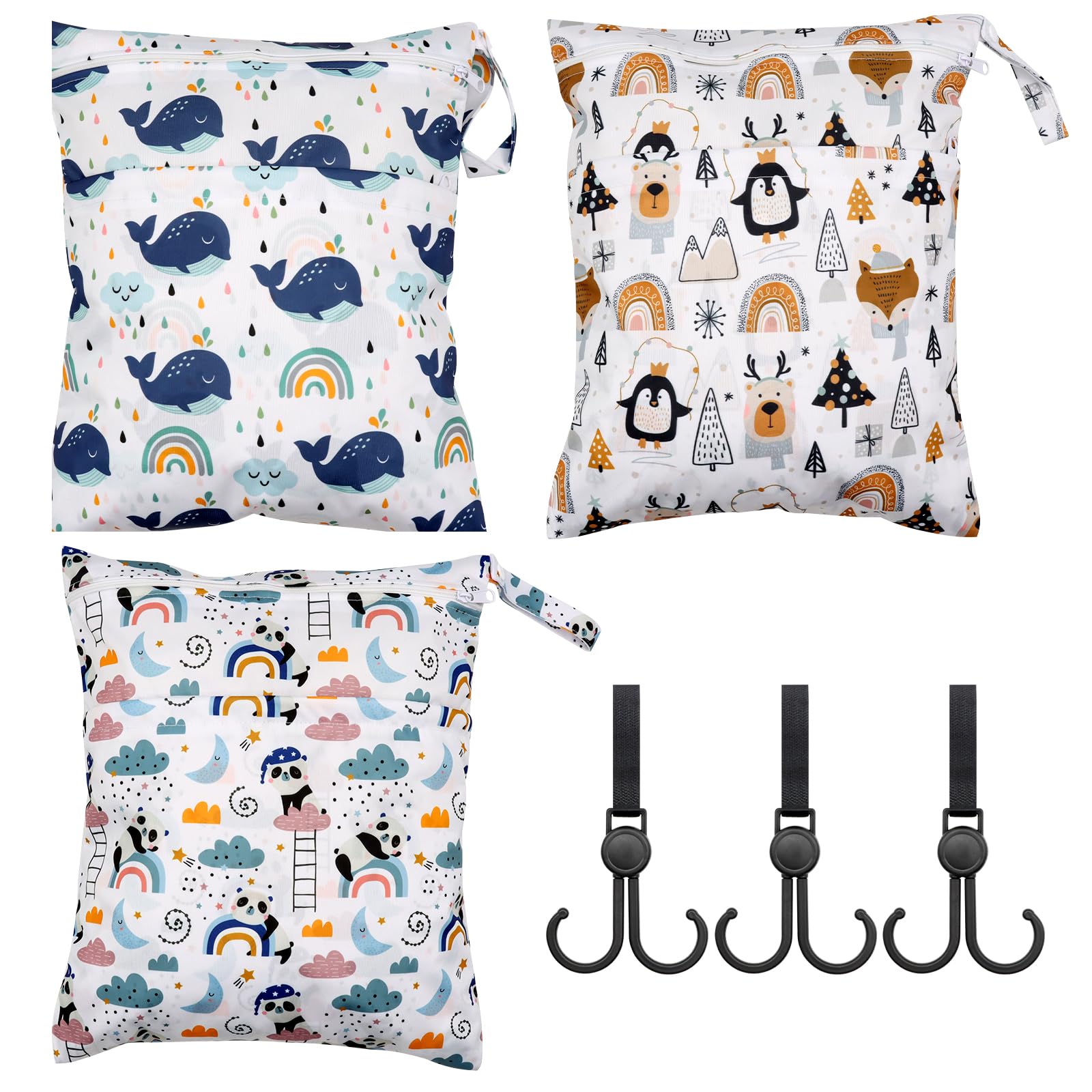 VEGCOO 3 Pcs Baby Wet Bags, 30 × 36 cm Waterproof Moisture-Proof Wet Dry Bag Washable Diaper Storage Bags with Zipper, Portable Storage Bag for Dry or Wet Clothes, Baby Items, Swimsuits, Beach, Pool