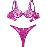 Foxiny Sexy Scallop Floral Lace Mesh Sheer Underwire Lingerie Set 2 Piece