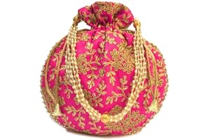 EKAVYA Potli Bag For Women With Intricate Gold Thread & Sequin Ethnic Designer Embroidery Work Batwa Pearls Handle