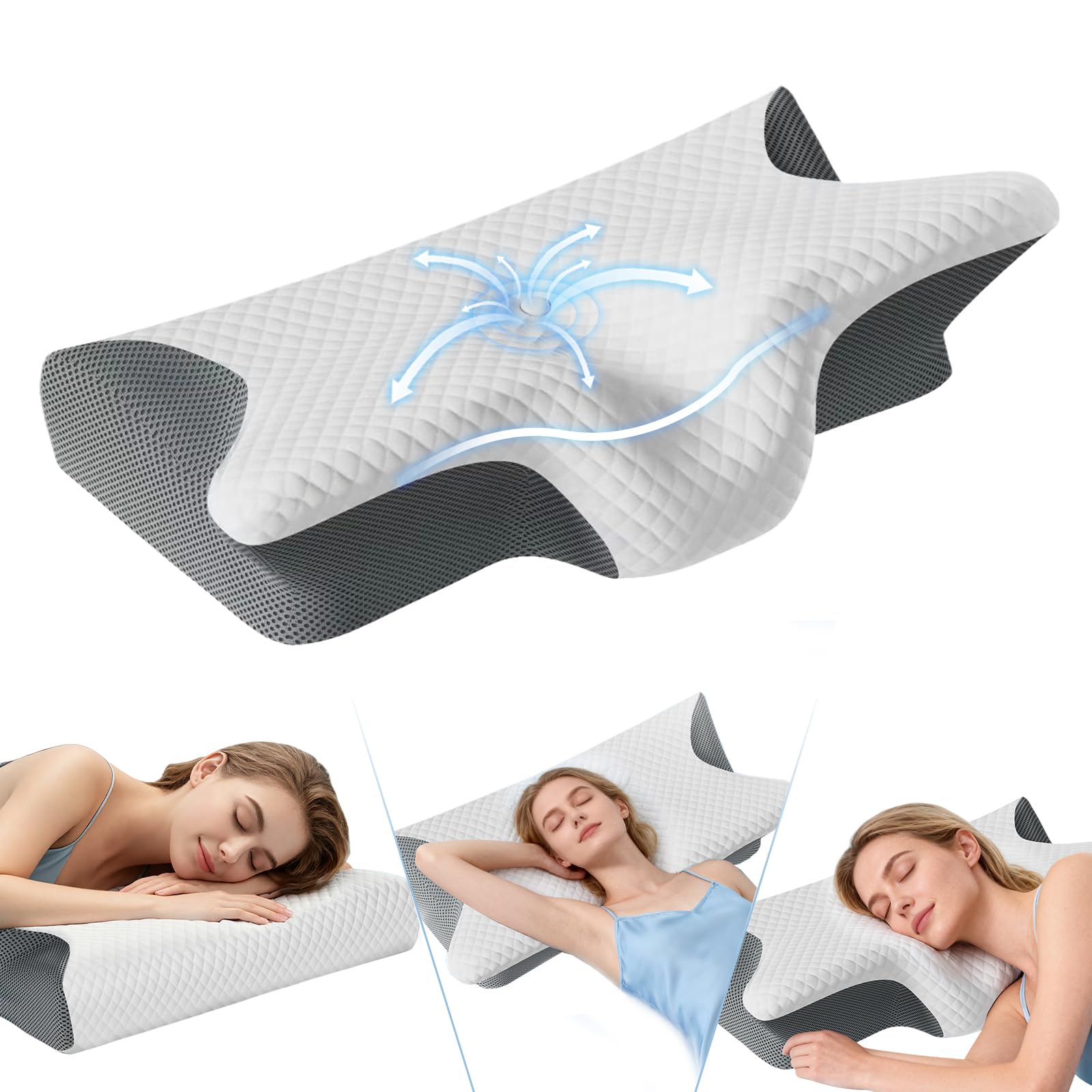 Photo 1 of 2025 Upgrade Neckhaven Pillow, Neckhaven Pillow Hospitality Collection, Memory Foam Ergonomic Cervical Neck Pillows with Cooling Cover for Neck Pain Relief Side Back Stomach Sleeper (White Grey)