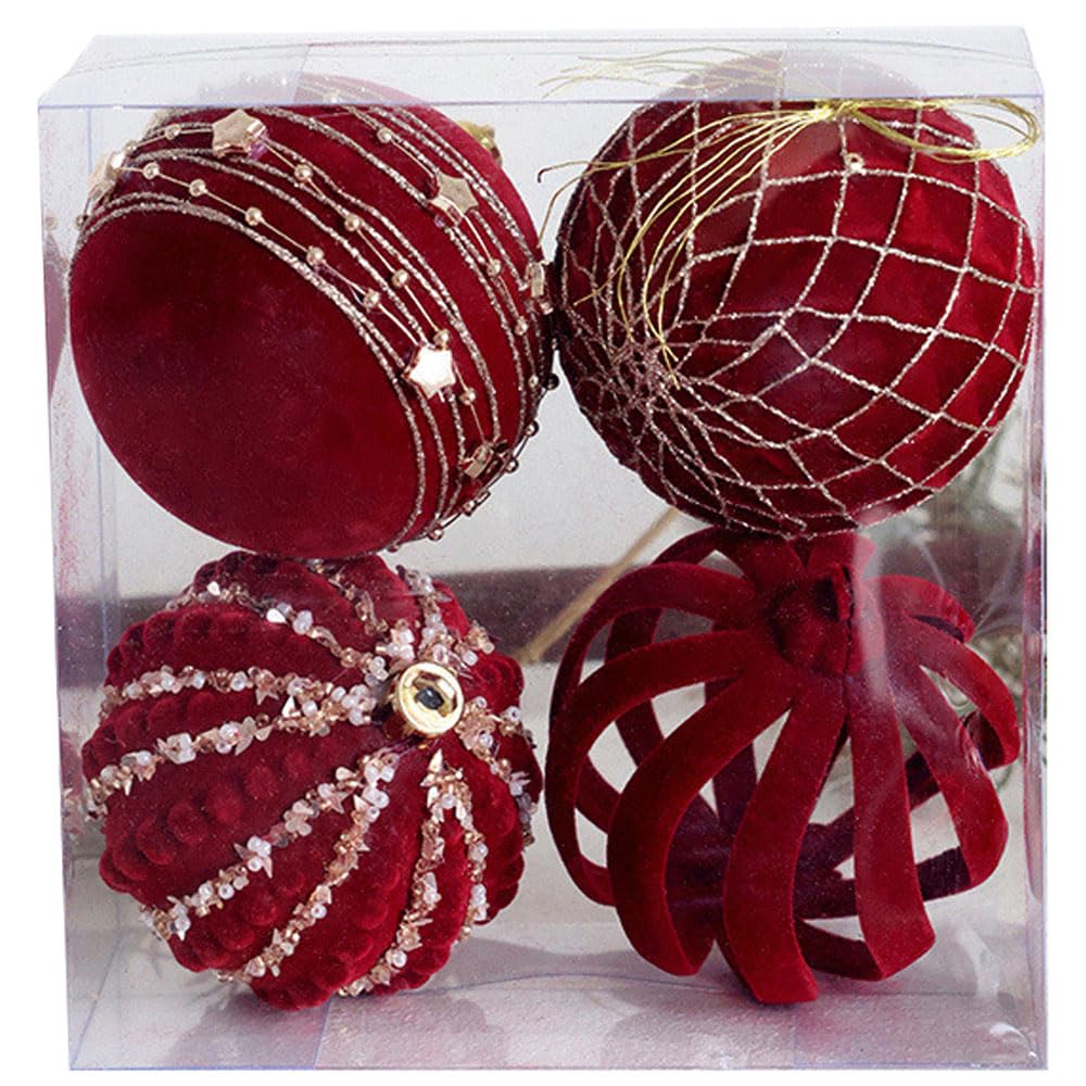 Christmas Tree Ornaments Velvet Balls Shatterproof Decorations Xmas Baubles Party Holiday Wedding Dark Red (8CM B)