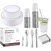 250 Count Silver Disposable Plastic Dinnerware Set, 50 Silver Plates, 25 Plastic Silverware, 25 Cups and Straws, 50 Napkins, Perfect for Wedding Party