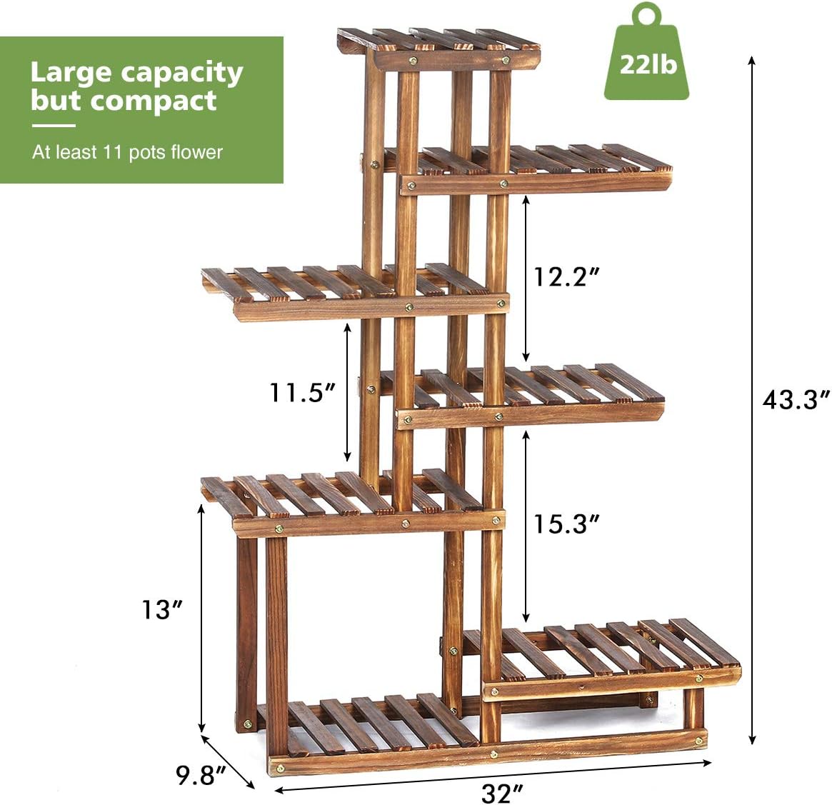 TOOCA Wood Plant Stand Indoor, 44'' 7 Tier Outdoor Tall Plant Stand, Flower Stand, Multiple Tier Plant Display Rack Holder, Steady Vertical Carbonized Shelves for Patio Livingroom Balcony Garden: Garden & Outdoor
