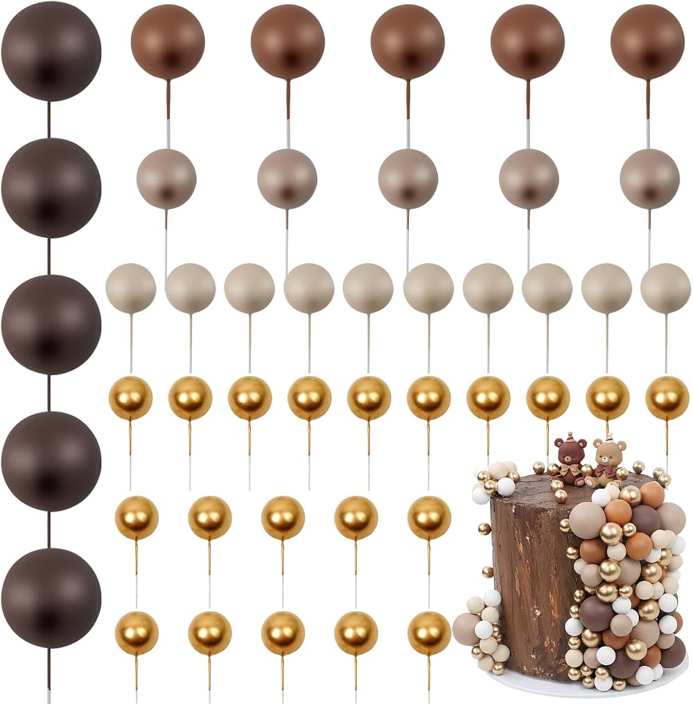 LARDUX 45 Pcs Ball Cake Toppers Boho DIY Balloon Cupcake Decorations Brown