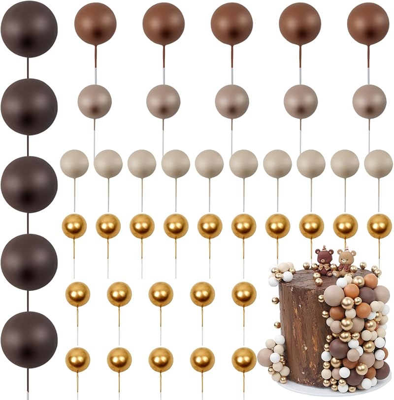 LARDUX 45 Pcs Ball Cake Toppers Boho DIY Balloon Cupcake Decorations Brown