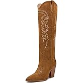 ISNOM Women's Cowgirl Boots Pull On Knee High Boots, Cowboy Western Embroidered Chunky Block Heel Pointed Toes Boots