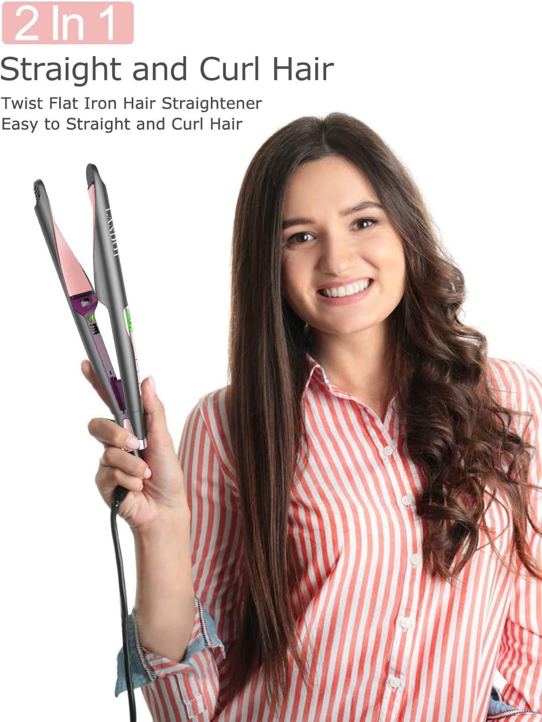 LANDOT Hair Straightener and Curler 2 in 1, Twist Straightening Curling Iron, Professional Negative Ion Flat Iron with Adjustable Temp for All Hair Types, Instant Heating, Dual Voltage: Health & Personal Care