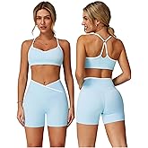 PQBPQB Women 2 Piece Workout Set Cami Straps Padded Colorblock X Back Sports Bra V High Waist Tummy Control Shorts Gym Outfit