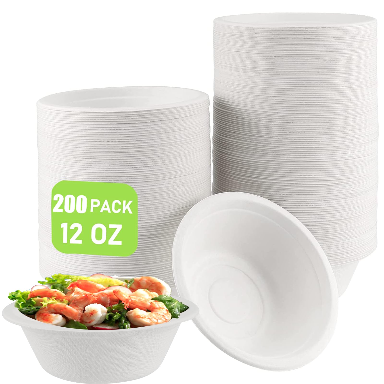ZOENHOU 200 Pack 350ml 12 oz Paper Bowls, White Round Extra Strength Bagasse Sugarcane Party Bowls for BBQ Parties Picnic Christmas Halloween
