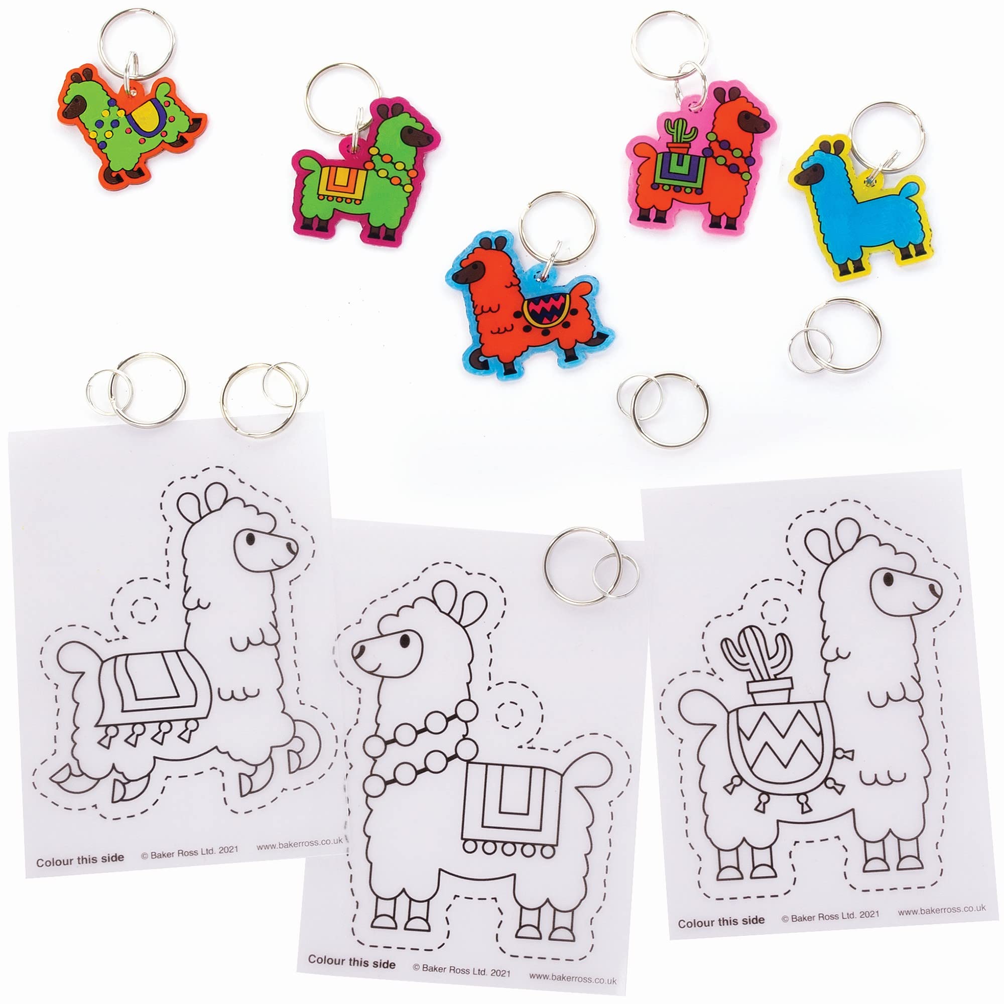 Baker Ross Llama Super Shrink Keyrings-Pack of 10, Animal Key Rings for Kids to Colour in (FC409), Assorted