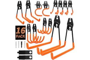 EZ COZY 16 Pack Garage Hooks Heavy Duty – Wall Mount Utility Hooks for Hanging, Garage Organization, Tool Hangers for Garage Wall, Ladder Holders, Assorted Sizes with Mounting Screws (Orange)