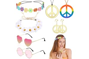 VEGCOO 7PCS Hippie Costume Set, Peace Sign Necklace&Earrings, 70s 80s Hippies Necklaces Earrings Glasses Flower Crown