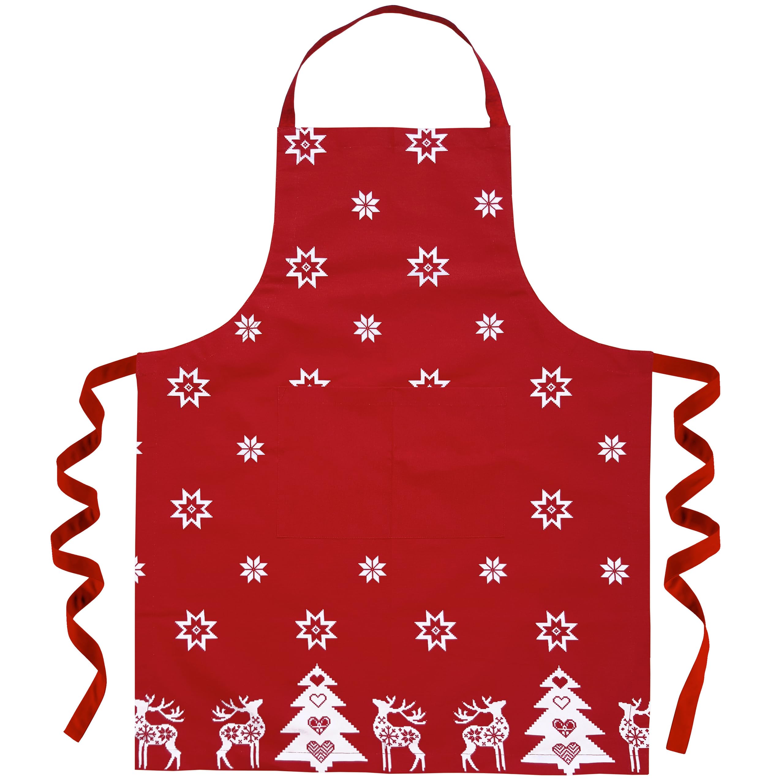 Ragged Rose Christmas Apron - Cotton Apron for Cooking & Dishwashing with Neck Strap, Large Front Pocket, & Long Ties - Kitchen Gifts for Women & Men Red Apron - 85 cm x 68 cm
