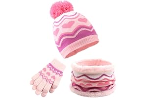 Zsedrut Kids Winter Hat Scarf Gloves Set Toddler Girls Boys Warm Knit Beanie Neck Warmer (Heart Pink, 3-8 Years)