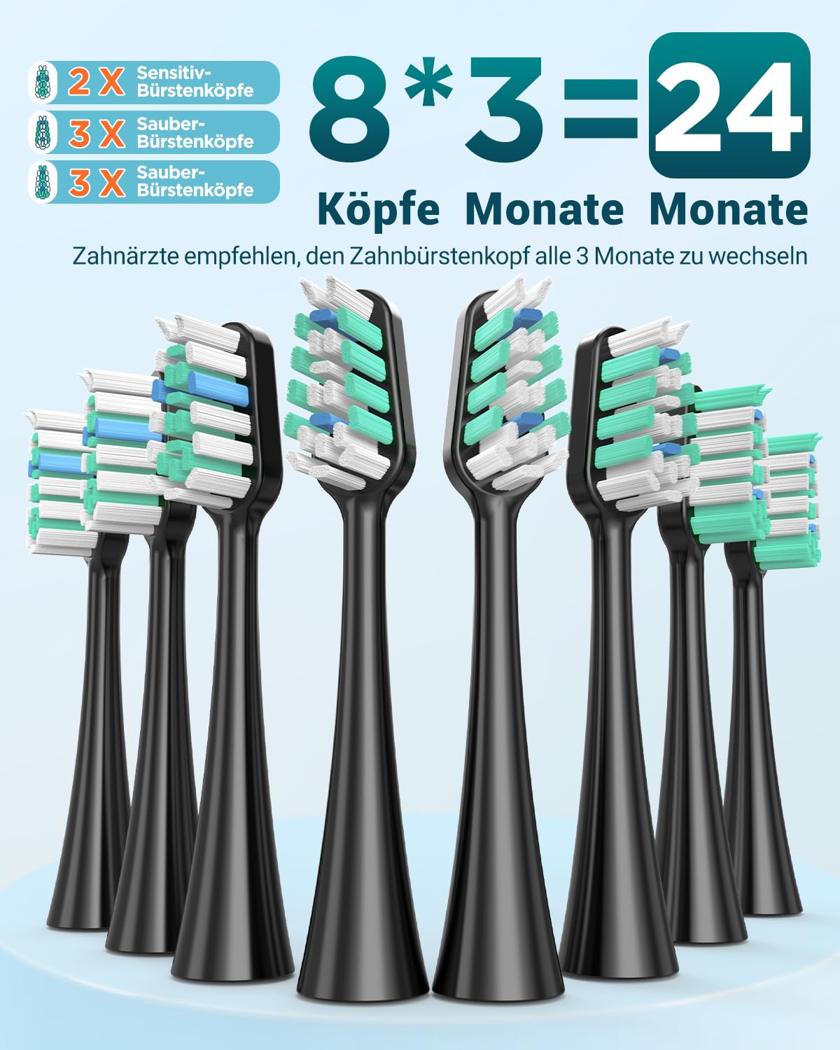 Elektrische Zahnbürste für Erwachsene und Kinder - Schallzahnbürste, Electric Toothbrush mit 8 Bürstenköpfen (3 Typen), 90 Tagen Akkulaufzeit, 5-Modi, 50000VPM, Reiseetui, Timer 3