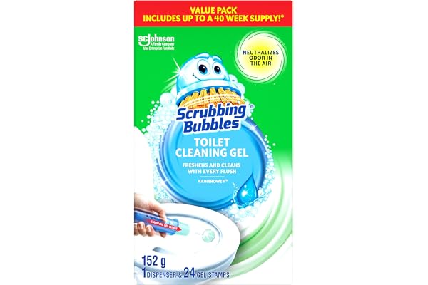 Scrubbing Bubbles Toilet Bowl Cleaner Freshening Gels, Automatic Cleaning Stamp, Rainshower Scent, Dispenser with 24 Gel Stam