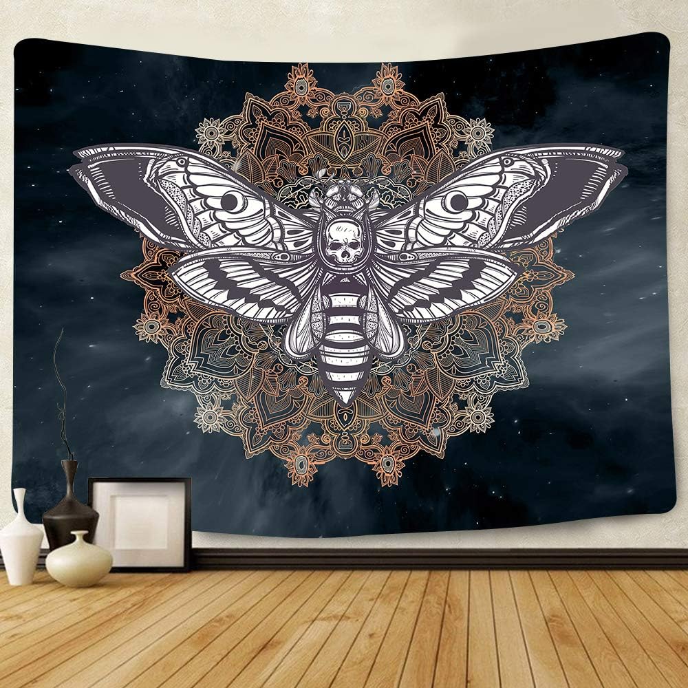 Dead Head Hawk Moth Wall Tapestry with Mandala Vintage White Skull Illustration Tapestry Blanket Mysterious Sky Wall Art Home Decor BedHead (80 x 60)