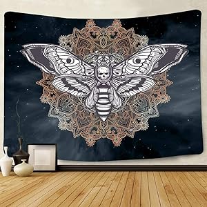 Dead Head Hawk Moth Wall Tapestry with Mandala Vintage White Skull Illustration Tapestry Blanket Mysterious Sky Wall Art Home Decor BedHead (80 x 60)