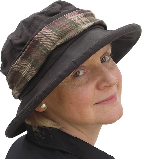 Ladies Wax Winter Rain Hat with Tartan Hatband in Dark Chocolate Brown