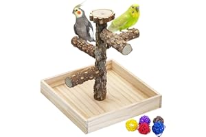 BNOSDM Portable Bird Perch Stand with Potty Tray, Natural Wood Tabletop Training Gym Parrot Playground Toy for Budgies, Cockatiels, Lovebirds,Conures Canaries
