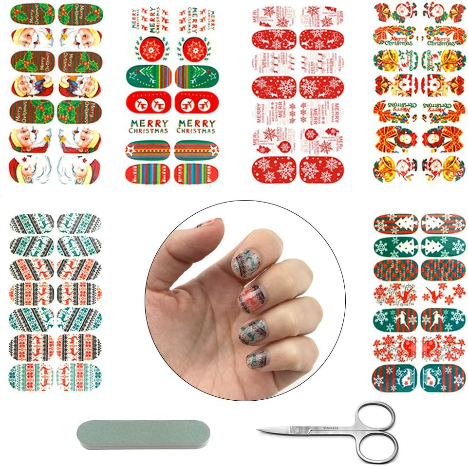 SHAN RUI 6 Sheets Christmas Nail Art Stickers Nail Decals with 1 pair of Scissors, 1 Nail File