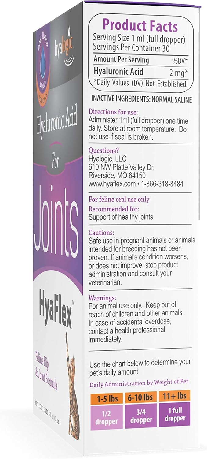 Cat Joint Supplement, Hyalogic Liquid Hyaluronic Acid Cat Supplements– 30-60 Day Supply, 1oz HA, Cartilage Supplement, Hip & Joint Supplement - Cat Health Supplies, W/ No Fuss Dropper : Pet Bone And Joint Supplements : Pet Supplies