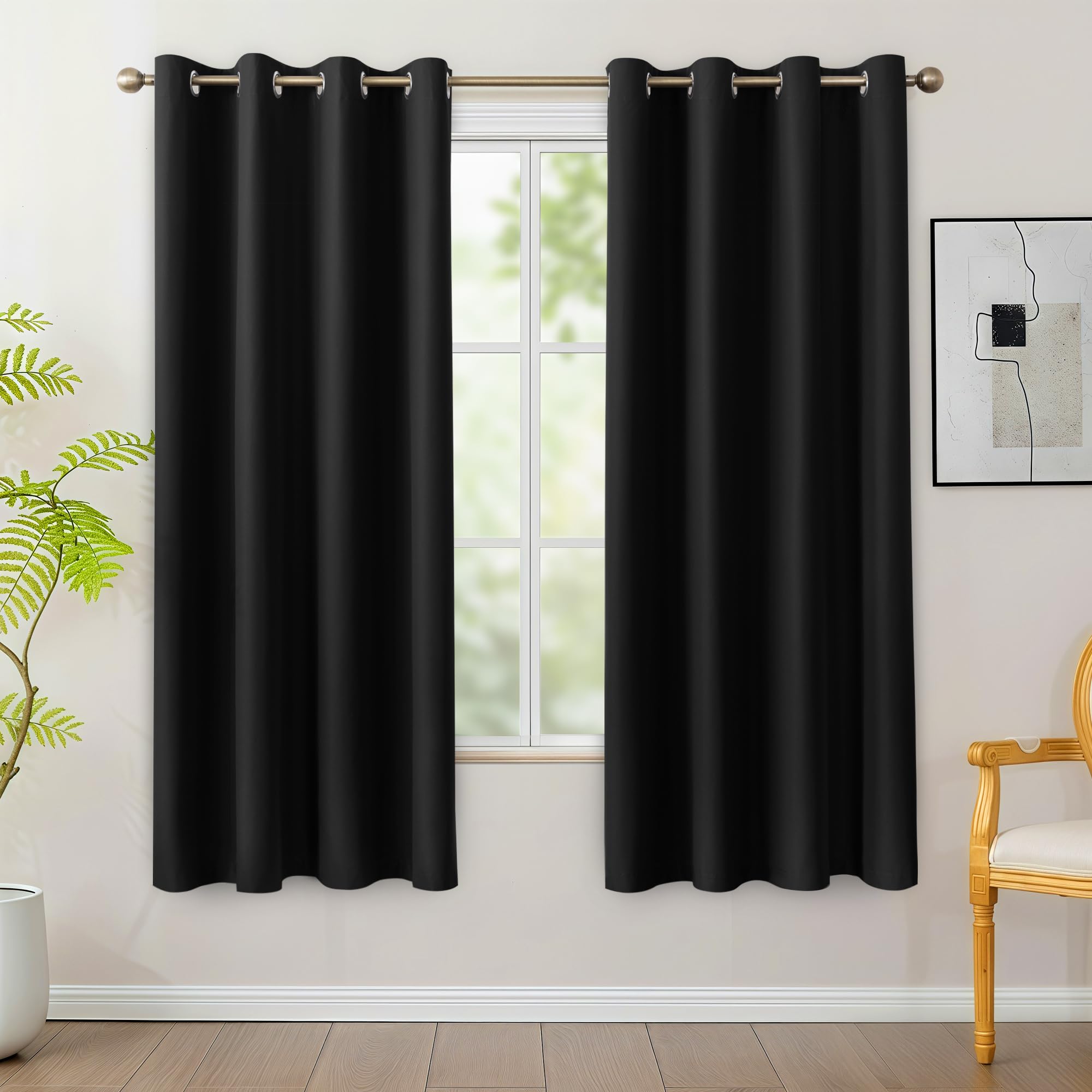Photo 1 of BONZER 100% Blackout Curtains 4 Panels - Full Light Blocking Window Drapes 63 Inch Length, Single Layer Grommet Room Darkening Curtain with Black Backing for Bedroom/Living Room, Black