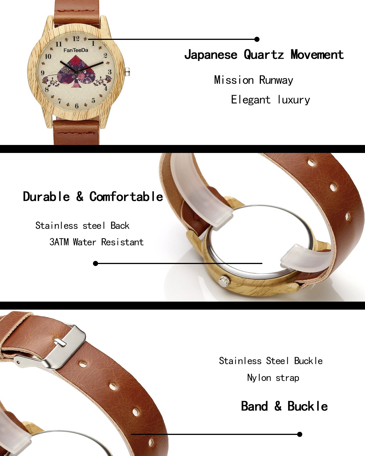 JSDDE Uhren,Vintage Holz-Muster Herz Armbanduhr Damenuhr Kleid Uhr PU Lederarmband Analog Quarzuhr,Schwarz