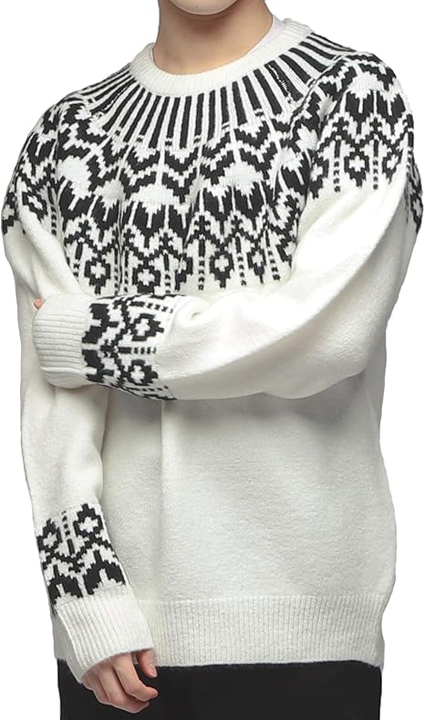 Amazon Jiggys Shop ブークレーノルディックニットセーター メンズ クルーネックニット 秋冬 球心柄 Xl ホワイト セーター 通販