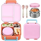 BEAQUEE Bento Box for Kids with Soup Thermos(9oz)– Kid Bento Lunch Box with Leak Proof Insulated Food Jar, Hot & Cold Lunch Container Set for School Girls Boys, 4-Compartments, Pink/Orange