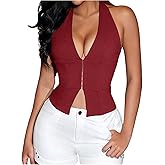 Floerns Women's Tie Back V Neck Corset Tops Split Sleeveless Backless Halter Top