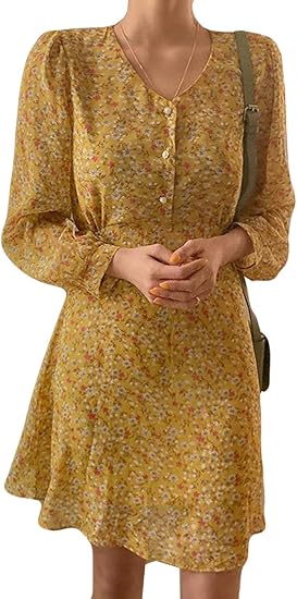 Amazon Baluote レディース ワンピース 夏 長袖 花柄 ワンピース Aライン ハイウエスト きれいめ ワンピース Vネック 膝丈 スカート レトロ 体型カバー ワンピース チュニック 通販