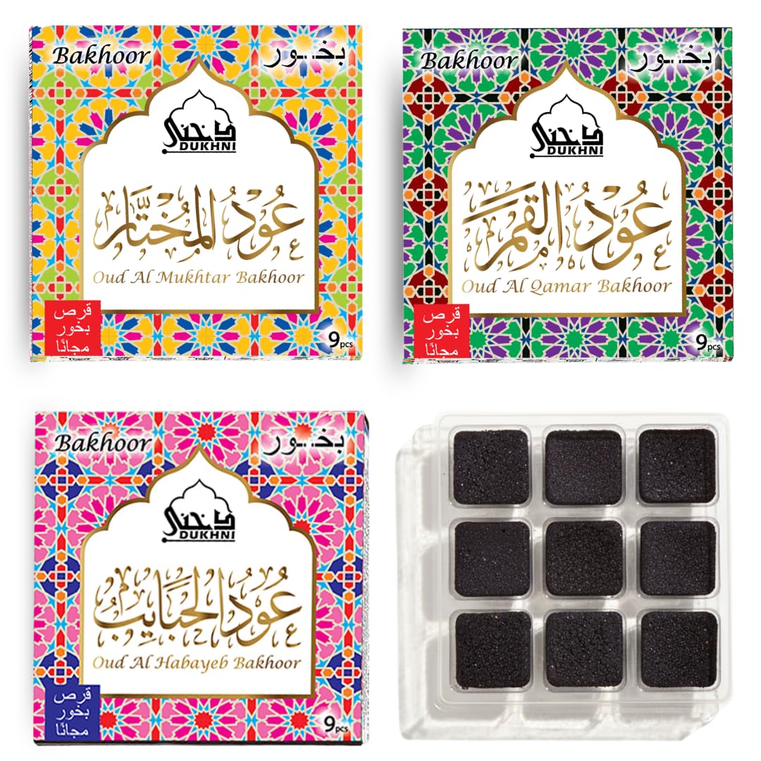 Dukhni Oud Al Mukhtar & Al Qamar Bakhoor | 3 x 9 Piece each | Assorted Arabic Incense | Perfect for Relaxation, Meditation & Prayer | Rich, Luxurious & Long Lasting