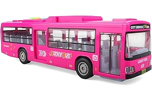 victob City Bus Toy for Toddler, Friction Powered Toy Cars with Lights and Sounds, Realistic Tires, Simulated Functional Doors, Christmas and Birthday Gift for Boys Girls 3 4 5 6 Years Old, Pink