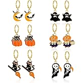 Anmpab 6 Pairs Halloween Christmas Earrings for Women Thanksgiving Xmas Dangle Hoop Huggie Earrings Set Bat Ghost Pumpkin Christmas Fall Holiday Jewelry