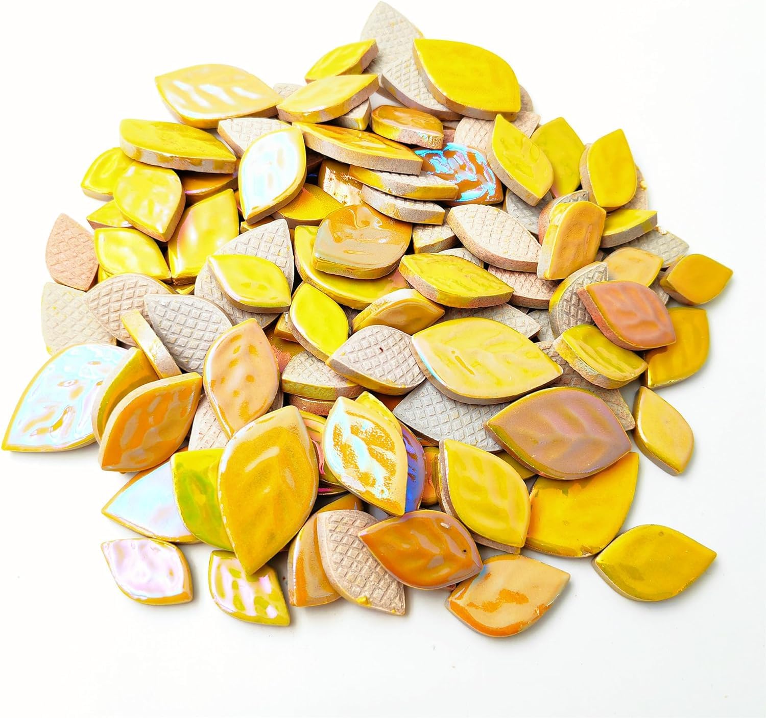 500g Random Iridescent Leaves Ceramics Mosaic Tiles,Making Creative 3 Size Ceramic Mosaic Pieces for DIY Craft,Flowerpots, Vases, Cups, Garden Decor Mosaic Making Supplies (Yellow)
