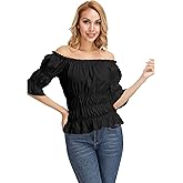 frawirshau Steampunk Pirate Shirt Renaissance Peasant Blouse Off The Shoulder Tops Short Sleeve Smocked Wench Top Lightweight